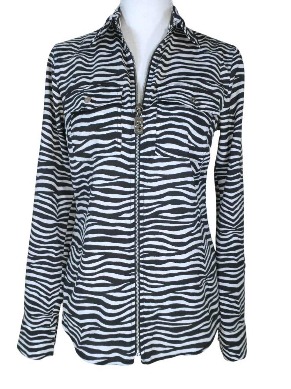 Michael Kors Zebra Print Zip-Front Roll-Tab Utility Lightweight Blouse XS